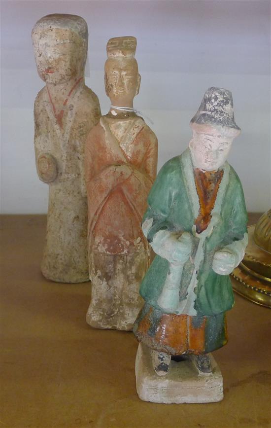 Provincial Ming pottery figure, green, orange and black glaze & 2 other early pottery tomb figures (2 repaired)